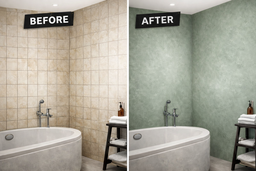 Waterproof microcement on bathroom walls, floor and on tub over old tiles